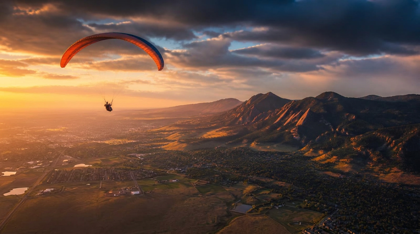 Paraglider soaring the foothill ridge above Boulder, Colorado at sunset